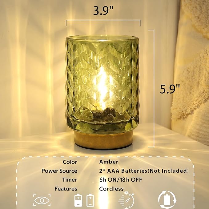 Battery Operated Lamp Cozy Bedside Ambience, Small Vintage Cordless Table Lamp for Shelf Office Desk, Glass Decorative Accent Lamp for Living Room/Entryway/Dorm Wave Design-Green