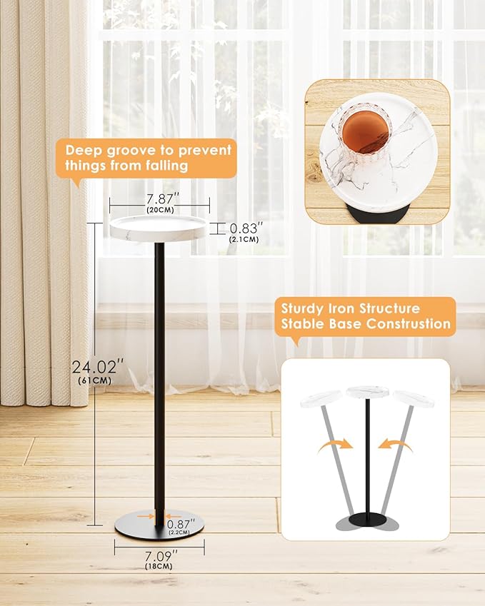 Drink Table, Small Pedestal Side Table, Round Cocktail Table, Circle Accent End Table with Metal Base, for Small Spaces (1, White Marble)