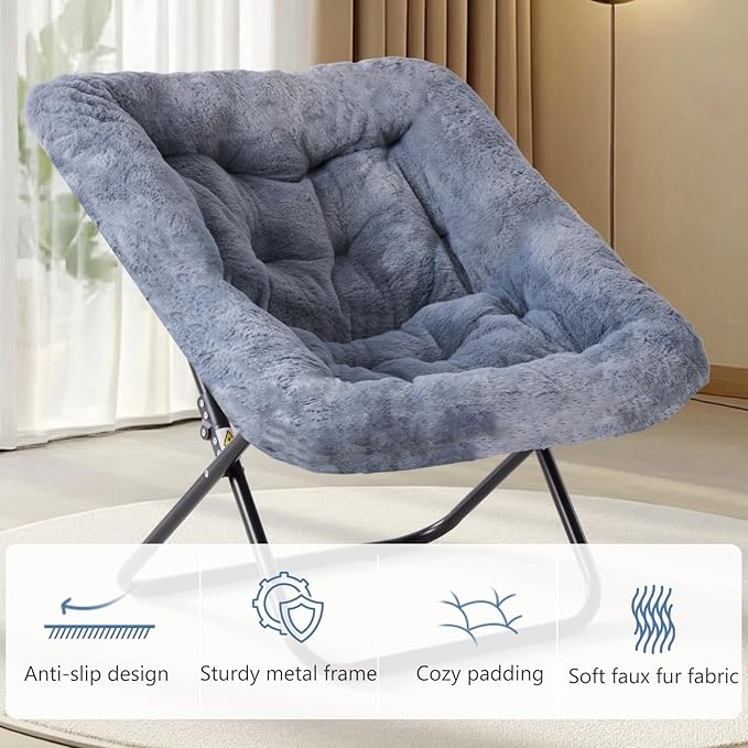 DUMOS Comfy Chair for Adults, Soft Faux Fur Folding Lounge for Bedroom Living Room Dorm Rooms Flexible Reading Chair for Teens, Large Size Foldable (Square-Classic Gray)