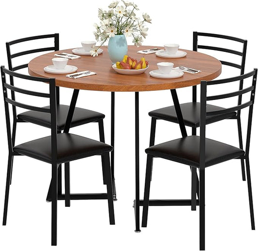 VECELO 35” Round Dining Table Set with 4 Cushioned Padded Chairs for Kitchen, Breakfast Nook, or Living Room, Wood-Grain Tabletop & Heavy-Duty Steel Frame, Easy Assembly, Walnut