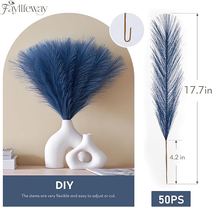 𝟱𝟬𝙥𝙘𝙨 Pampas Grass 𝟭𝟳in, Faux Pampas Grass Home Decor, Artificial Pampas Grass Fluffy Floral Flower Arrangement for Party Wedding Dinning Hall (𝗕𝗹𝘂𝗲)