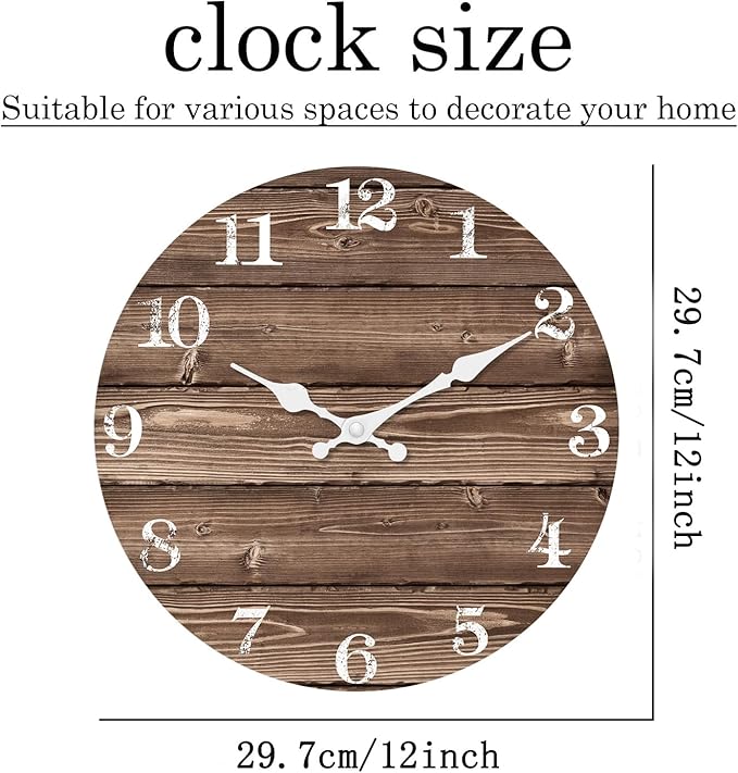 XFM Wooden Wall Clocks Battery Operated 12 Inch Brown Farmhouse Wall Clock for Kitchen Rustic Wall Clock Non Ticking (No Solid Wood, it is with MDF Material)