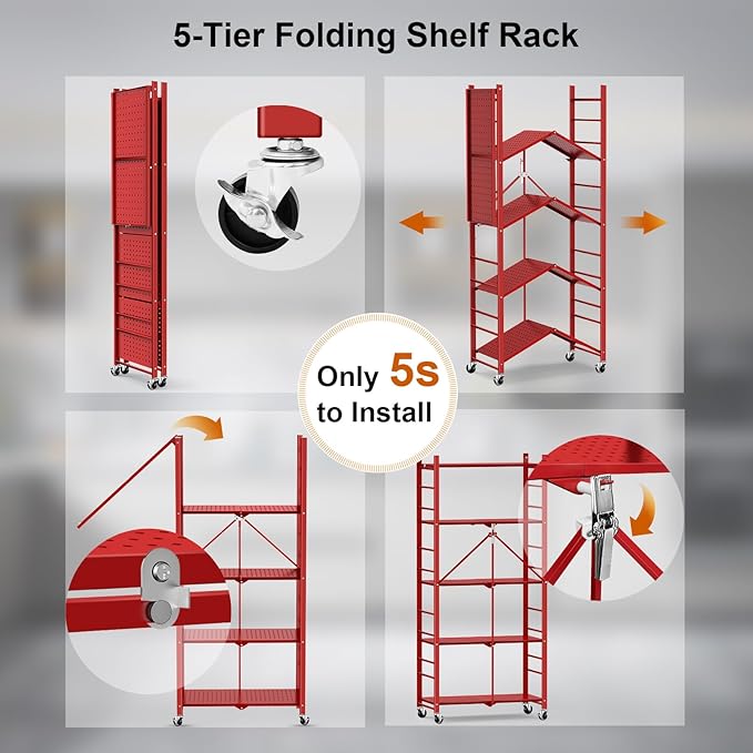 Storage Shelves with 20 Hooks, 5-Tier Foldable Shelves for Storage, Folding Utility Shelf Unit Pantry Shelf with Wheels, Metal Shelving Unit Rack for Garage Christmas Room, Red - No Assembly