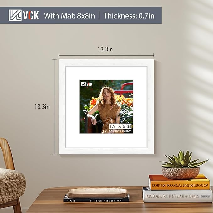 VCK 12x12 Picture Frame Set of 2 - White, Textured Modern Square Wooden Frames with HD Glass, Display Photo 8x8 with Mat or 12x12 Without Mat, Wall Hanging