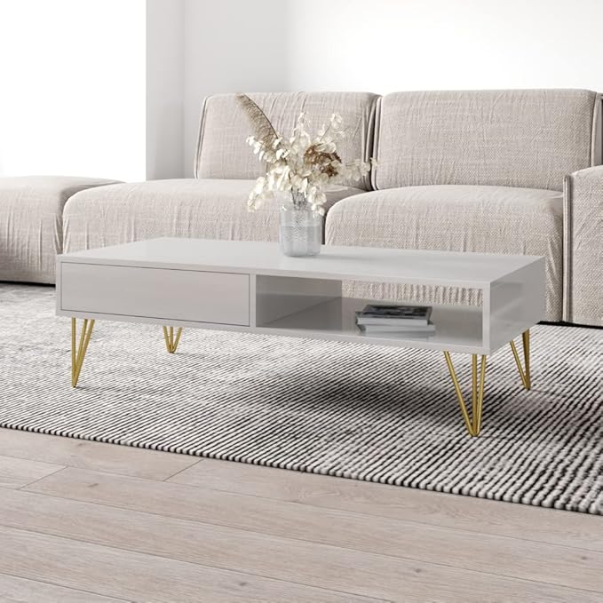 Meble Furniture Repo 51" Coffee Table with Lower Shelf & Drawer - Modern Rectangular Dining Table for Living Room - Durable & Lightweight Wooden Coffee Table with High Gloss Front Finish - White