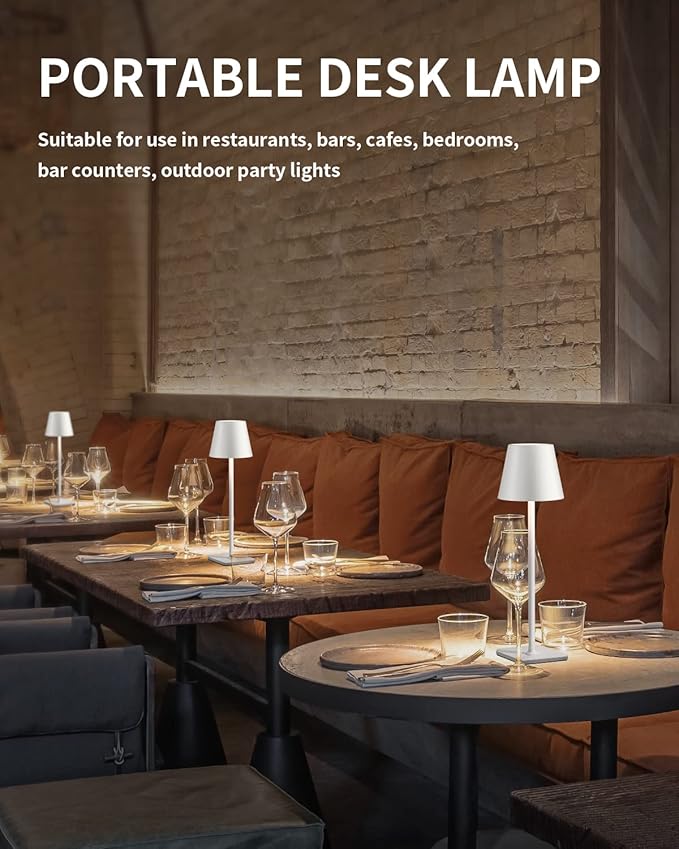 KDG 2 Pack Cordless Table Lamp, Portable LED Desk Lamp, 5000mAh Battery Operated, 3 Color Stepless Dimming Up, for Restaurant/Bedroom/Bars/Outdoor Party/Camping/Coffee Shop Night Light(White)