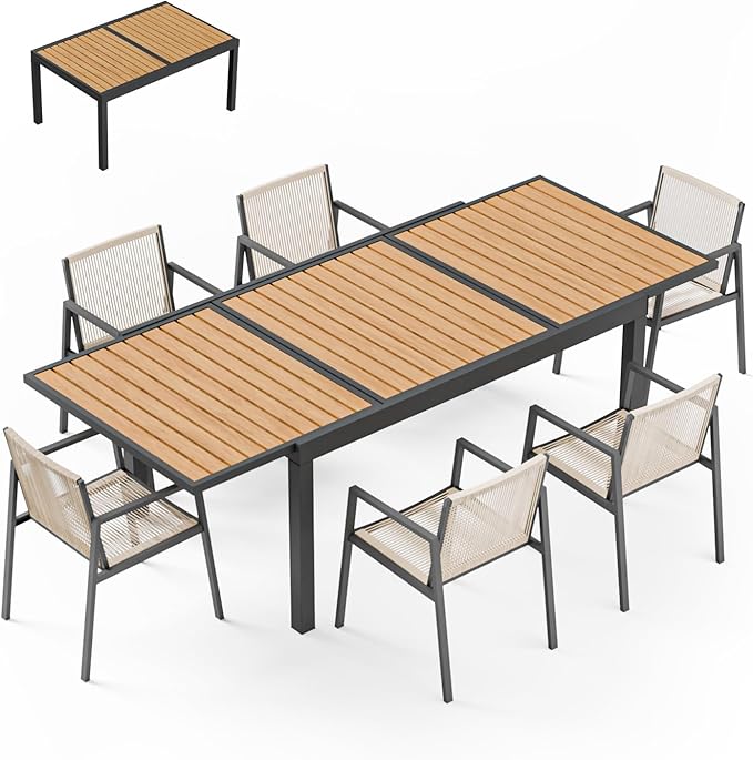 ZANDOR Expandable Outdoor Dining Set for 4-6-8,Patio Table and Chairs Set with Wood Top for Garden,Backyard,Porch,55"-82.7" Extendable Aluminum Outdoor Table Set with 6 Chairs,Grey