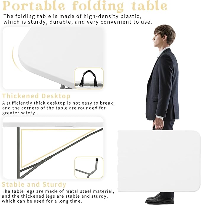 Folding Table 5 FT Camping Table Portable Heavy Duty Plastic Rectangular Outdoor Dining Table Steel Legs Fold-in-Half with Carrying Handle for Indoor,Picnic,Party,Wedding,Events(White)