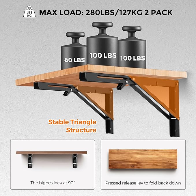 JOY DECOR 16 Inch Heavy Duty Folding Shelf Brackets, 4 Pack (2 Pairs) Collapsible Wall Mounted Brackets for Fold Down Table, Stainless Steel Folding Table Hinge, Matte Black