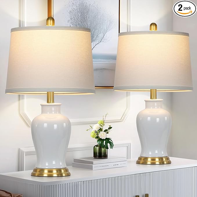 White Ceramic Table Lamps Set of 2, 23" Modern Ceramic Bedside Lamps with Ginger Jar Design, Farmhouse Lamp for Living Room End Table, Elegant Bedroom Lamp for Nightstand Desk Side Home Decor