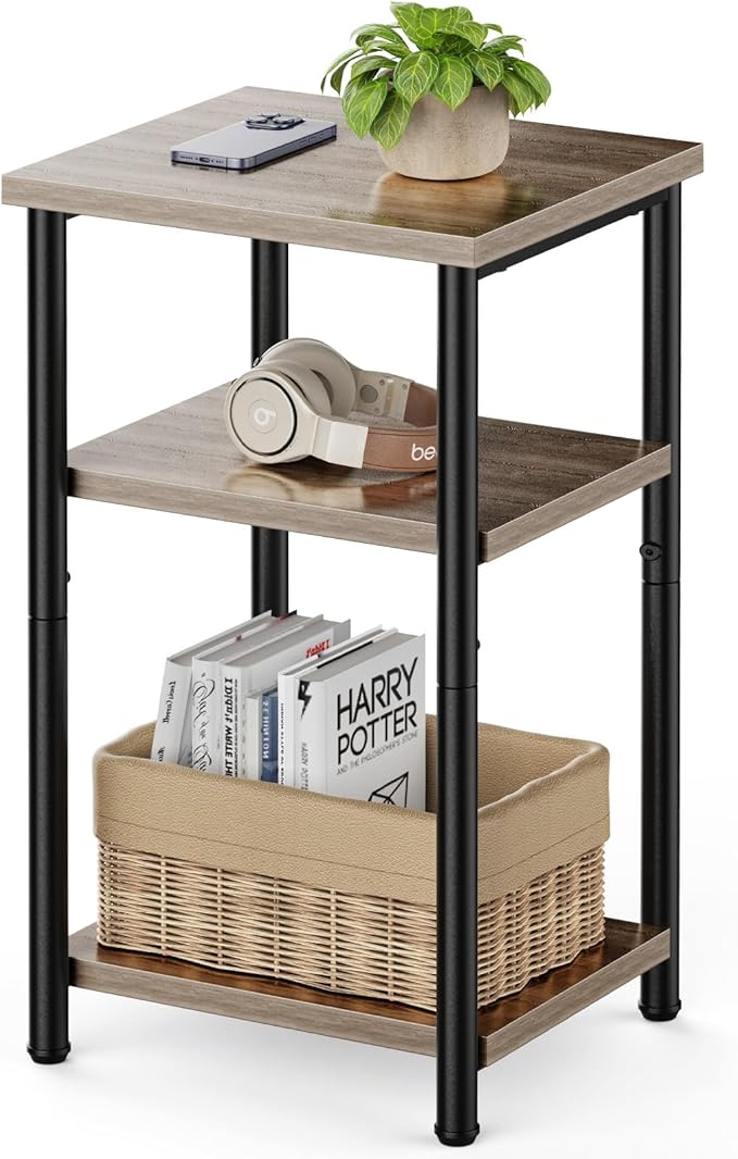 Sweetcrispy End Table 3-Tier, Small Side Table 1-Pack Nightstand with Storage Shelves & Adjustable Feet, for Small Spaces, Living Room, Sofa, Bedroom, Office, Grey