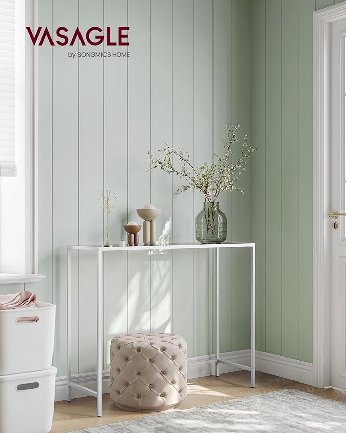 VASAGLE Entryway Table, Console Table, Tempered Glass Tabletop, Modern Sofa Table, Easy Assembly, with Adjustable Feet, for Living Room, Entryway, Pearl White and Slate Gray ULGT026W01