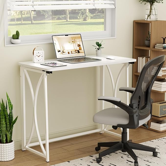 Foldable Desk, 31.5" Small Desk for Bedroom, Space Saving Folding Computer Desk for Home Office, Easy Assembly, White