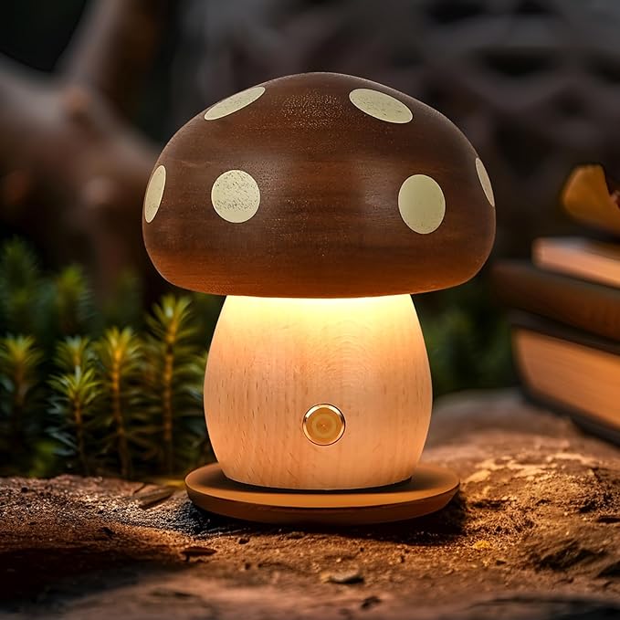 LED Wooden Mushroom Lamp, Rechargeable Battery Operated Portable Cordless Touch Switch Small Lamp, Stepless Dimming Night Light for Birthday Gifts