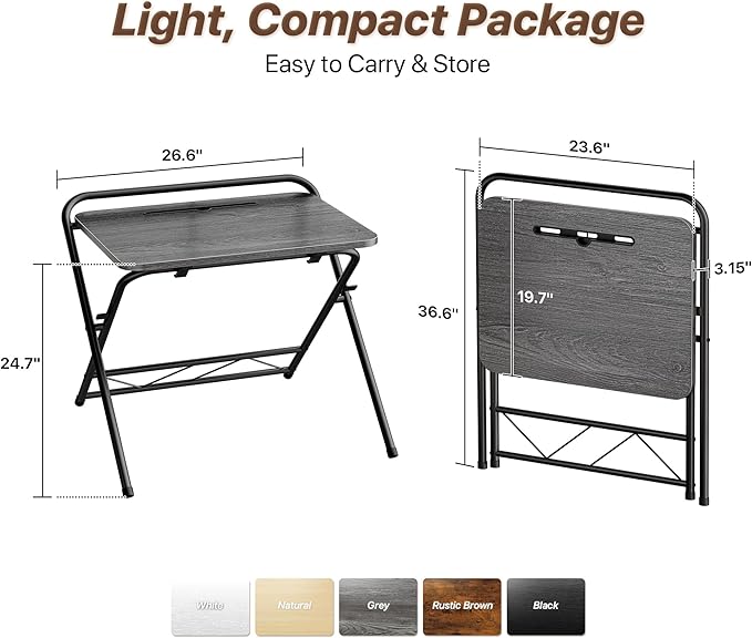 Huuger Folding Desk with 3-Level Adjustable Height and Tablet Slot, 24 Inch Foldable Computer Desk for Small Spaces, Space Saving, Writing Work Table for Home Office, Bedroom, Study, Grey