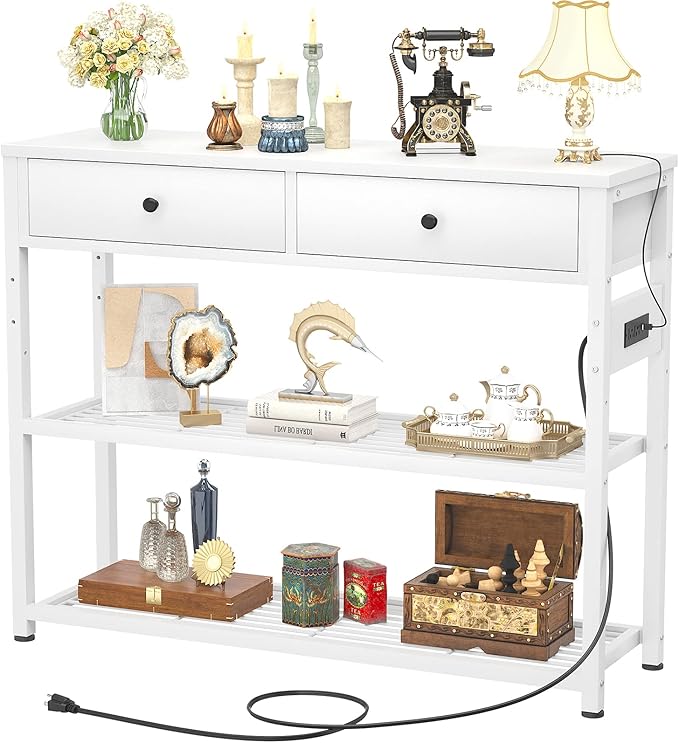 Ecoprsio Entryway Table with Outlets and USB Ports, Console Table with 2 Drawers, Small Sofa Table with Storage Shelves for Living Room, Couch, Hallway, Foyer, Kitchen Counter, 32'', White