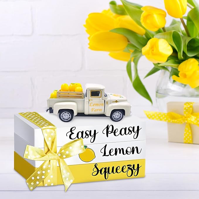 Lemon Decor Vintage Truck Decor with Mini Faux Lemons and Wooden Crate Summer Tiered Tray Decor Lemon Decorations for Home Desk Shelf Farmhouse Kitchen Centerpieces for Tables- Cream