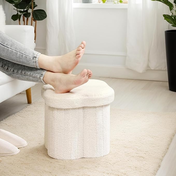 12.6" Small Ottoman with Storage, Flowers Shaped Foldable Foot Rest for Dorm Room, Living Room - Compact Organizer for Small Spaces,White