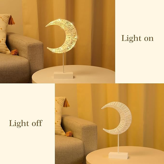 Decorative Table Lamp, Moon Shape Rattan Ramadan Desk Lamp Battery Powered Light, Winding Thread Warm LED Crescent Light Christmas Home Bedroom Romantic Bedside Desktop Nightstand Decoration, White