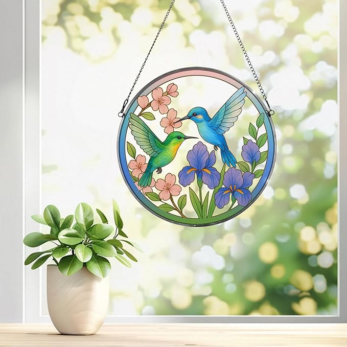 Stained Glass Sun Cather for Window Hanging, 8.6'' Hummingbird Suncatcher with Flowers for Indoor Ornament, Bird Stain Glass Home Decor for Women, Mother