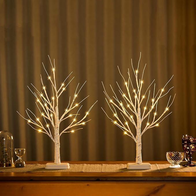 Lighted Birch Tree Christmas Decorations, 2Pack 2FT USB Rechargeable Tabletop Tree with LED Lights, Pre-Lit Artificial Mini Money Trees for Home Centerpiece Fireplace Party Decor(Timer)