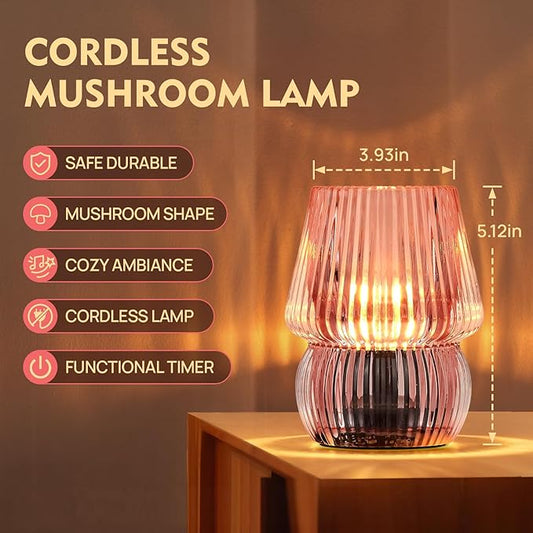 Battery Operated Lamp with Timer, Small Cute Cordless Glass Table Lamp for Home Decor, Kitchen, Bathroom, Birthday Gift for Women, Mushroom, Pink