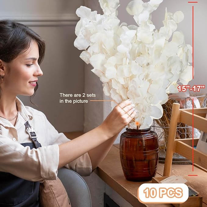 10 PCS Real Creamy White Silver Dollar Eucalyptus Stems for Vase - 15"-17" Fresh & Dried Eucalyptus Leaves Bundle, Natural Greenery Plants for Home, Wedding, Boho Decor & DIY Crafts