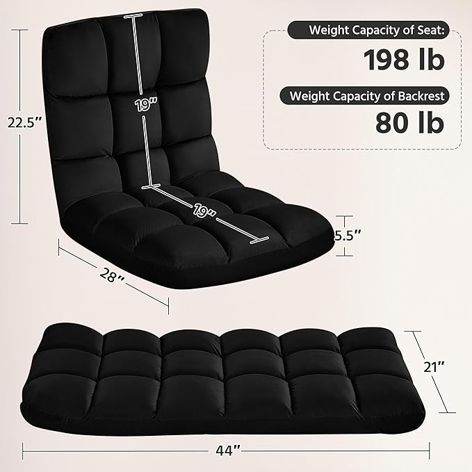 Yaheetech Floor Chair, Meditation Chair with Back Support Gaming Floor Lounger with 14 Adjustable Position for Adult, Black, 2pcs