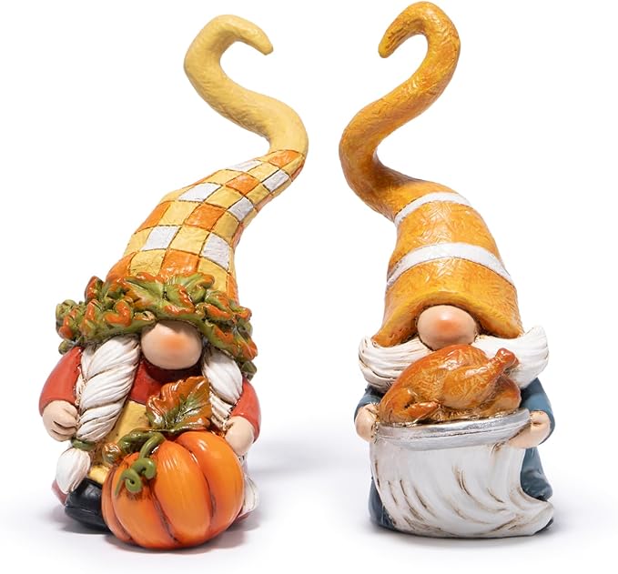 Hodao Thanksgiving Decorations for Table, Resin Fall Thanksgiving Gnome Figurines with Turkey, Pumpkin & Heart, Festive Gift for Autumn Home Decor - 2 Pcs
