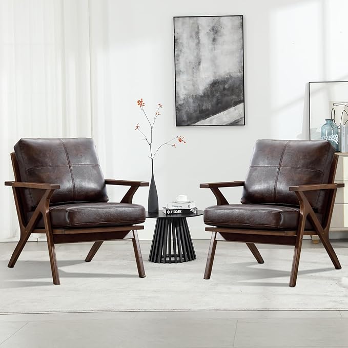 INZOY Mid-Century Modern Accent Chair with Wood Frame Set of 2, PU Leather Living Room Chair and Soft Thick Padded Armchair for Living Room Bedroom Reception with Removable Upholstered Cushions, Brown