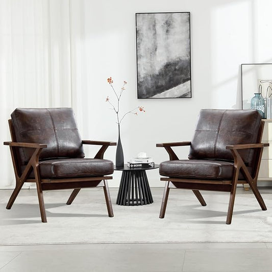 INZOY Mid-Century Modern Accent Chair with Wood Frame Set of 2, PU Leather Living Room Chair and Soft Thick Padded Armchair for Living Room Bedroom Reception with Removable Upholstered Cushions, Brown
