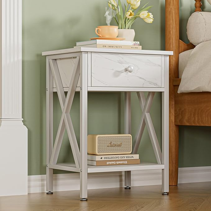 VECELO Nightstands Set of 2, Modern Bedside End Tables, Night Stands with Drawer and Storage Shelf for Living Room Bedroom, Industrial Metal Frame