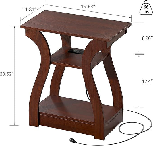 End Table with Charging Station, Side Table with USB Ports and Outlets, 3 Tier Nightstand Sofa Table for Small Spaces, Beside Table with Storage Shelf for Living Room, Bedroom