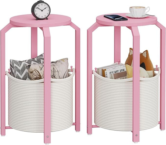 TUTOTAK Small Side Table, Round End Table, Night Stand, Bedside Table, Set of 2, Sofa Table with Storage Basket, Living Room, Bed Room, Pink TB01BP0922