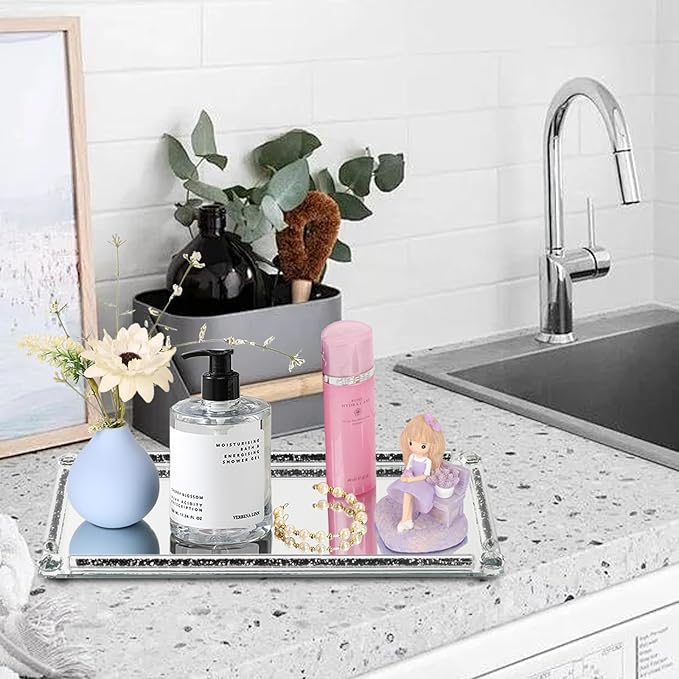 Glass Vanity Tray with Crushed Diamond,Perfume Tray,Mirror Vanity Trays for Bedroom Dresser,Crystal Cosmetic Makeup Tray,Decorative Tray for Home Decor Gift(Black Crushed Diamond)