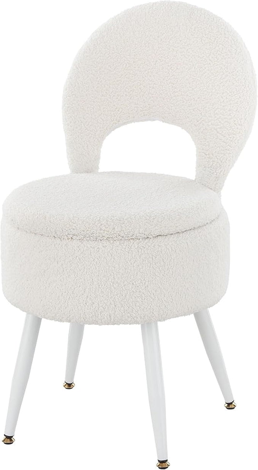 Vanity Stool with Storage and Backrest, Folding Back & Velvet Seat, Footrest, Round Ottoman with Sherpa, Vanity Chair with Storage, Ideal for Bedroom, Living Room, and Makeup Stations