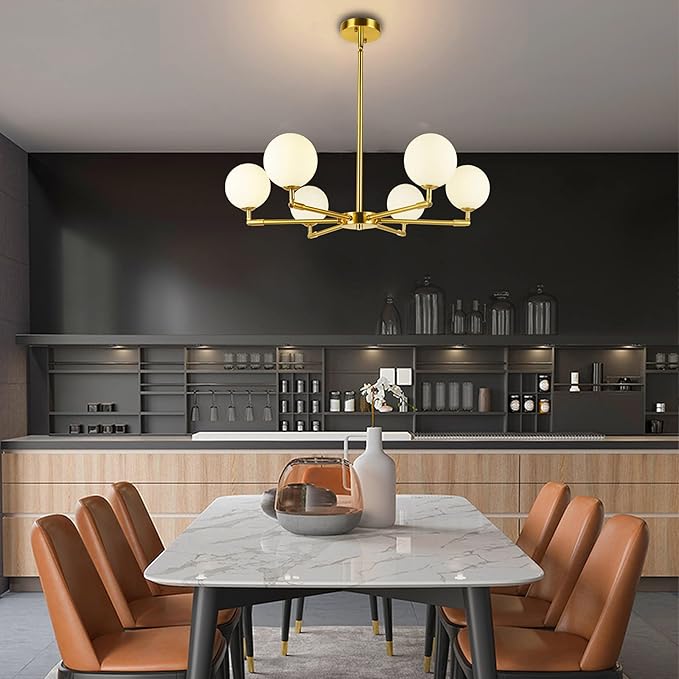 6-Lights Globe Mid Century Chandelier Modern Sputnik Pendant Light Fixture with G9 Bulb Brushed Brass Finished with White Globe Glass Lampshade Dining Kitchen Island Bedroom Lighting (Gold)