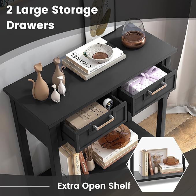 GOFLAME Small Console Table with 2 Drawers, 31” Entry Table with Storage Shelf, Modern, Narrow Sofa Table for Living Room, Hallway, Entrance (Black)