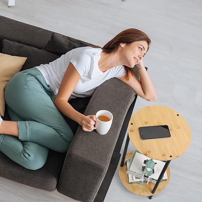 Small Round Table Set of 2, End Tables Living Room, Side Tables for Small Spaces, 2 Tiers Rustic Accent Tables, Night Stands for Bedrooms, Coffee Tables With Storage Shelf