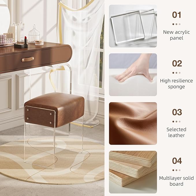 Leather Vanity Stool Chair, Modern Ottoman and Foot Rest with Leather and Acrylic Leg for Makeup Room, Living Room, Bedroom, Brown