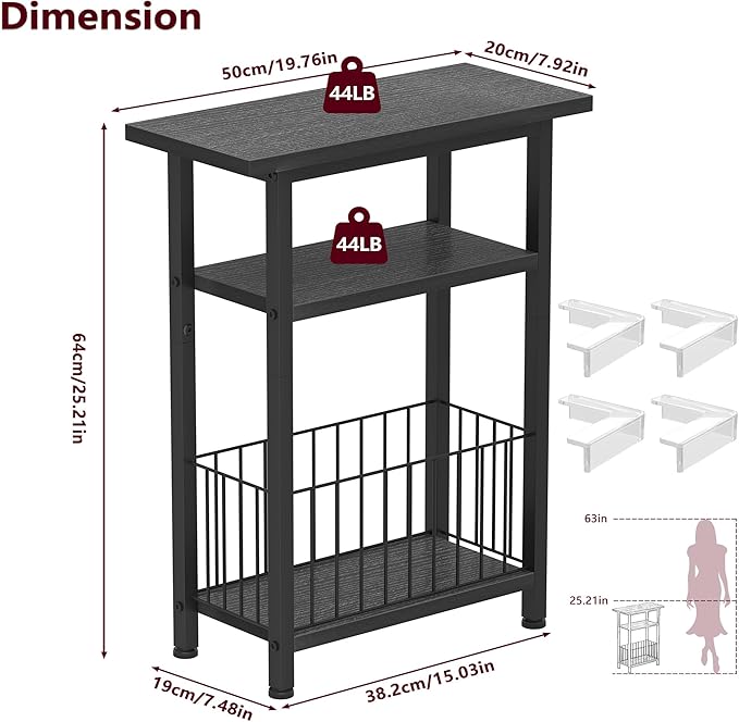 Heybly Small Narrow Side Table for Small Space, Thin Bedside Table with Storage Basket, Skinny End Table, 25.2" Tall Nightstand, Couch Table for Living Room, Bedroom, Study, Kitchen, Black, HET004BK1