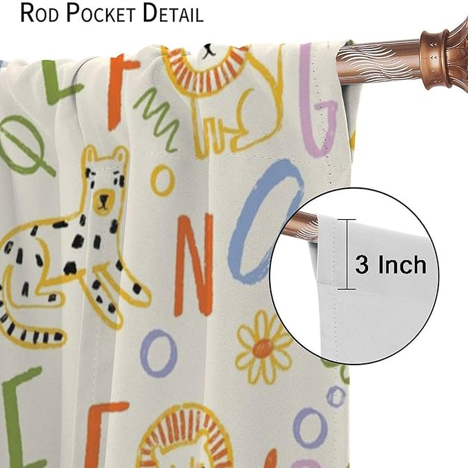 BAEKJIN Kids Alphabet Curtains， Hand Drawn Colorful ABC Letters and Animals Pattern Print Decor Window Drapes for Bedroom Living Room 42x45 Inch