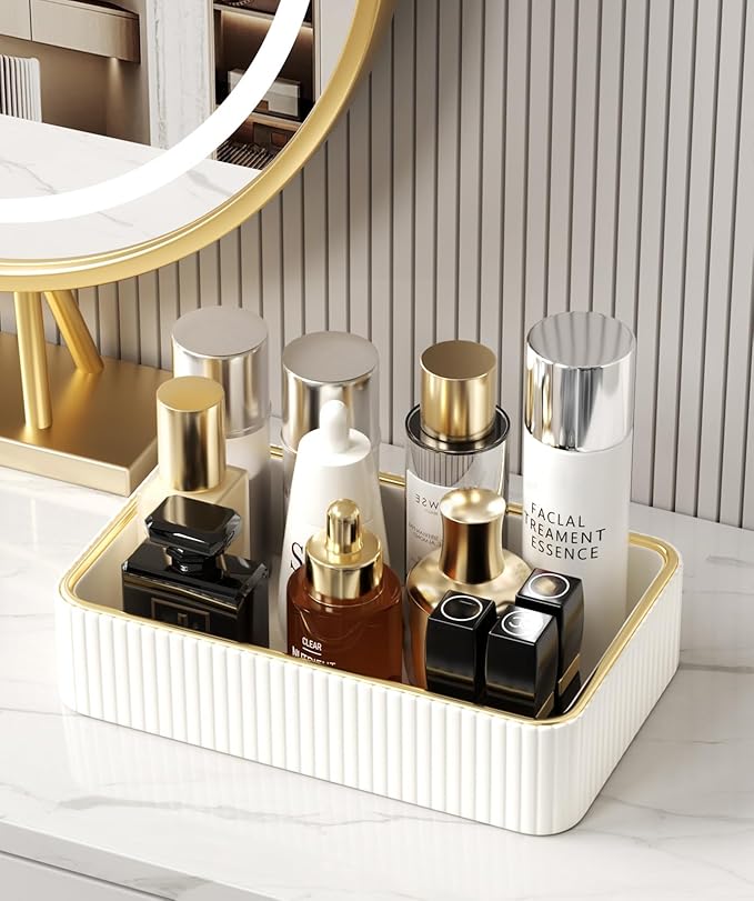 Desk Organizer Tray, PU Leather Valet Tray Nightstand Organizer Cologne Perfume Trays for Men Women, Decorative Vanity Trays Key Bowl Trinket Dish (Ivory, 9.5" x 6" x 2.2")