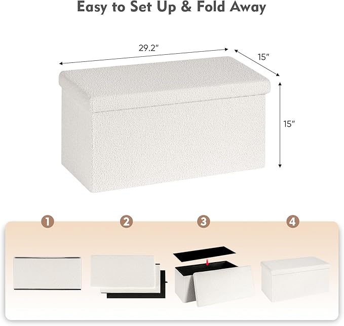 B FSOBEIIALEO Small Storage Ottoman Cube Sherpa Ottomans Foot Rest, Foldable Boucle Ottoman Bench, Faux Teddy Fur, Cream White 30"x15"x15"
