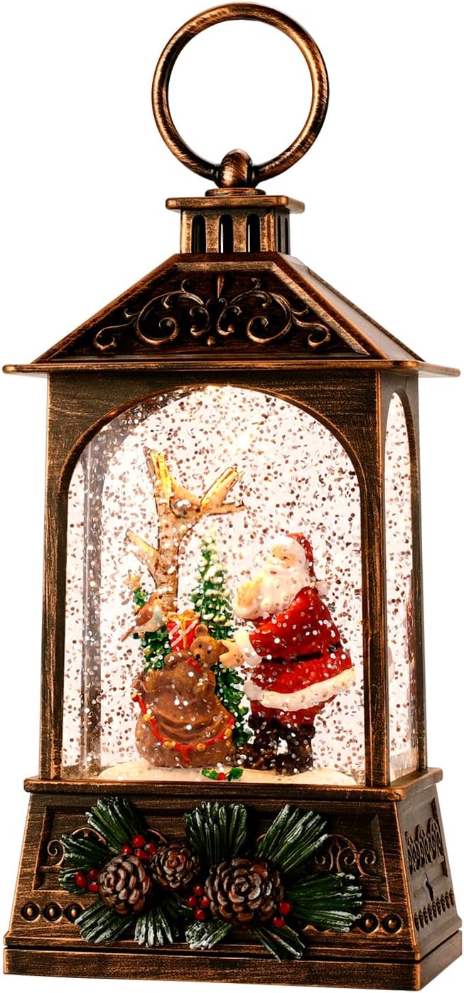 Christmas Lantern,Christmass Snow Globe Lantern Lights with 8 Christmas Songs,Battery & USB Powered,Christmass Snow Swirling Glitter Water Globe Lanterns for Xmas Home Decoration Holiday Party Gifts.