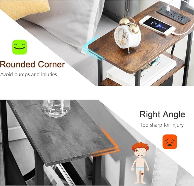 Narrow Nightstand with Charging Station, End Tables Living Room Set of 2, Skinny Side Table with Fabric Drawers, Slim Sofa Table for Bedroom, Small Spaces, Couch, Brown, HETNDP02BR