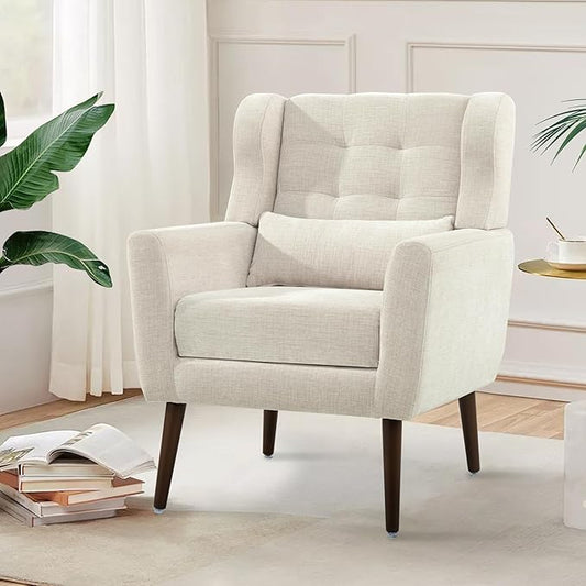 Modern Accent Chair, Upholstered Arm Chair with Waist Pillow, Single Sofa Chair for Living Room Bedroom Small Spaces (Beige)