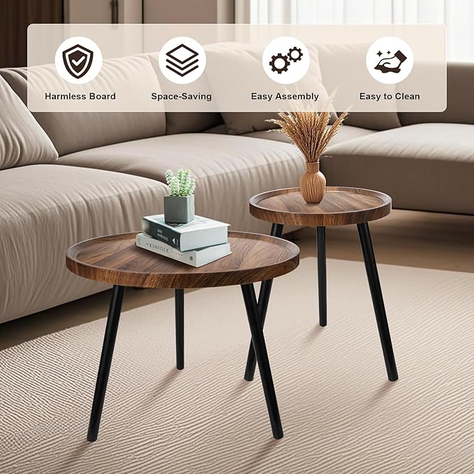 Nesting Coffee Table Set of 2, Modern Round Coffee Tables Nesting Side Table Set, Easy Assembly Nesting Tables for Living Room, Walnut Wood End Tables for Home Office Yard
