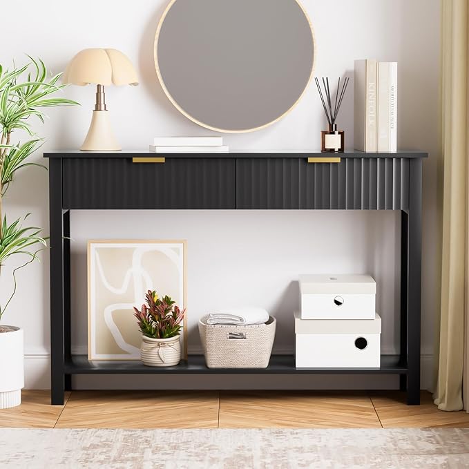 Black Entryway Console Table with 2 Fluted Drawers and Gold Handles, 47.2" Modern Sofa Table with Storage Shelf for Living Room and Hallway