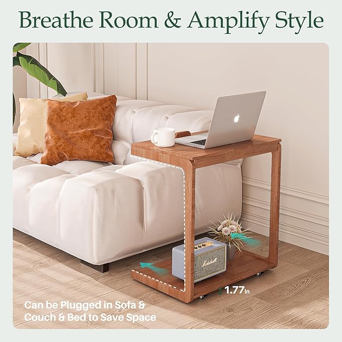 C Shaped Rolling End Table with Wheels - Solid Wood Side Table for Couch, Wooden Modern Tv Tray Bedside Tables for Sofa Armchair Living Room Bedroom, Cherry, 15.4 in x 23.6 in x 24.8 in